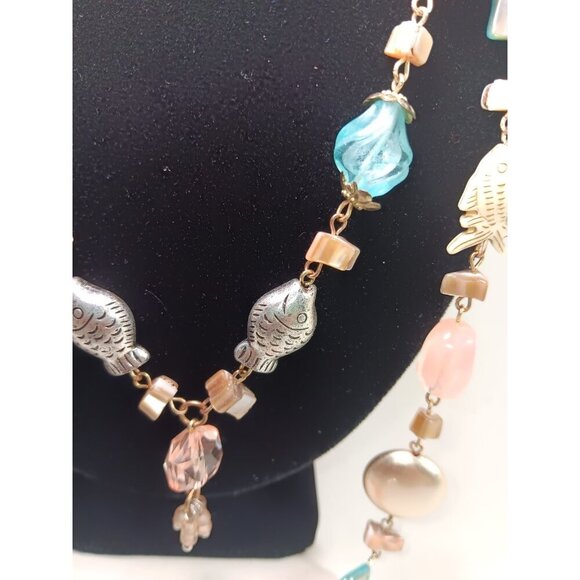 Statement Necklace Nautical Mermaid Gemstone Shell Fish Cruise Beachy Coastal - Picture 5 of 8